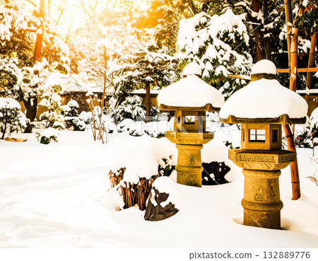 柔和的陽光照亮了雪燈和花園 132889776