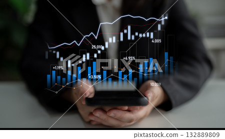 Business professional analyzing financial data on smartphone with stock market graphs and indicators showing growth and trends in a modern workspace Scalp Business professional analyzing financial data on smartphone with stock market graphs and indicators showing growth and trends in a modern workspace Scalp 132889809