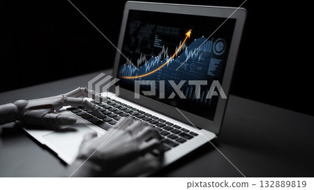 Robotic Hands Operating Laptop with Financial Data Display and Growing Graph Concept of Technology, Finance, Innovation, and Automation in Modern Business Scalp 132889819