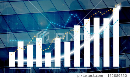 Data Visualization of Financial Growth with Bar Charts and Line Graphs Reflecting Business Trends and Market Performance Over Skyscraper Glass Surface Copula 132889830