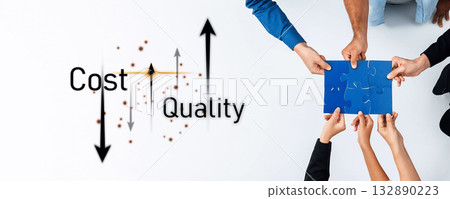 Hands Reaching for Puzzle Pieces with Cost and Quality Graph to Illustrate Business Decision-Making and Strategic Analysis in Organizations Trope Hands Reaching for Puzzle Pieces with Cost and Quality Graph to Illustrate Business Decision-Making and Strategic Analysis in Organizations Trope 132890223