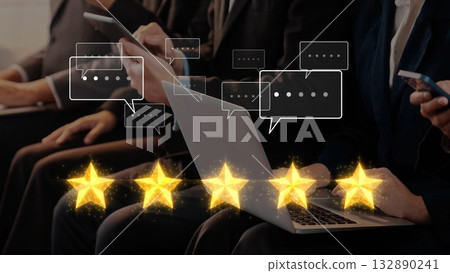 Business professionals engaged in digital communication, chatting on devices with star ratings and speech bubbles representing feedback and reviews concept. Raster 132890241