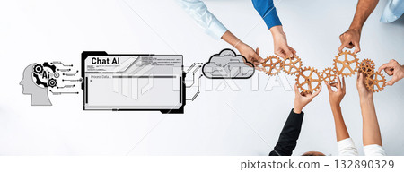Hands Collaborating to Build AI System with Graphic Elements Representing Chat AI, Cloud Computing, and Data Processing Essentials Trope 132890329