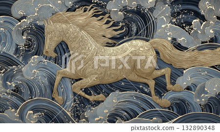 Golden horse blue wave white stripe ornate pattern flowing mane fantasy art embossed metal dynamic motion 132890348