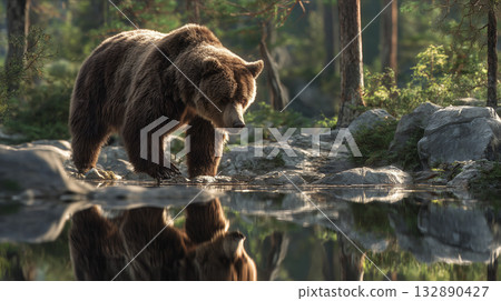 Brown bear walking along the river 132890427