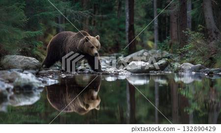 Brown bear walking along the river 132890429