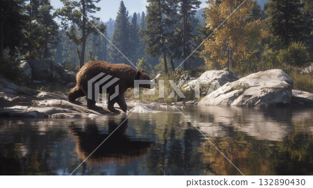 Brown bear walking along the river 132890430