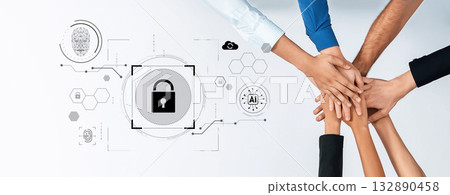 Hands Together in a Collaborative Effort for Data Security with Technology Symbols Representing Digital Protection and Privacy Enhancement Trope 132890458