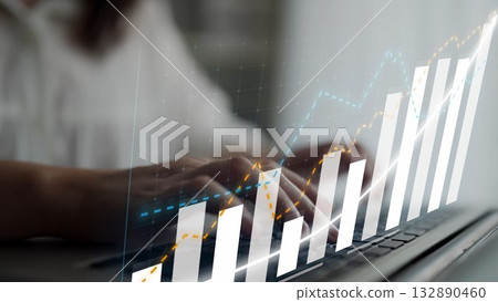 Modern business growth concept with data visualization and analytics displayed on a laptop, illustrating trends and performance metrics in the market. Copula 132890460