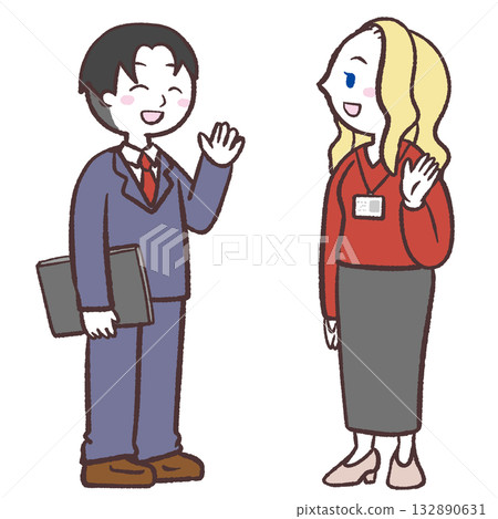插圖描繪了一名男學生和一名白人女性的對話。 插圖描繪了一名男學生和一名白人女性的對話。 132890631