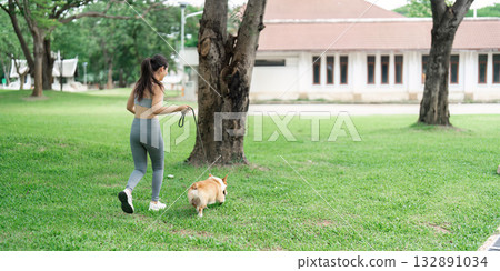Wellness through Nature. Woman walking her corgi in a lush park for physical and mental health. 132891034
