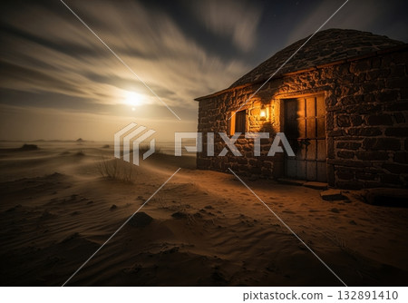 Ancient stone structure illuminated by warm light in a desolate, windy desert night Ancient stone structure illuminated by warm light in a desolate, windy desert night 132891410