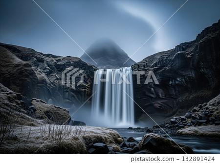 Powerful long exposure waterfall framed by dark volcanic cliffs and frozen grass. 132891424