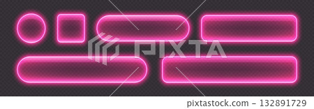 Glossy neon buttons, transparent banners made from glass. 132891729