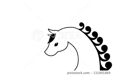 一幅簡單的黑白插圖,描繪了一匹側臉的馬。 一幅簡單的黑白插圖,描繪了一匹側臉的馬。 132891869