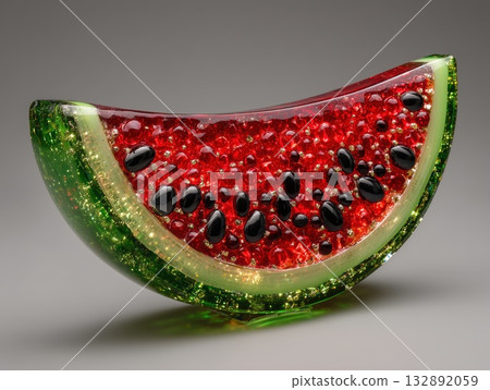 watermelon slice sculpture, green titanium rind, red ruby glass flesh, metallic black gemstone seeds, reflective details watermelon slice sculpture, green titanium rind, red ruby glass flesh, metallic black gemstone seeds, reflective details 132892059