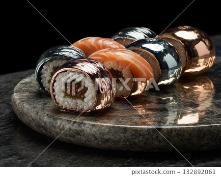sushi rolls sculpted from metals, pearl rice, titanium seaweed, rose gold salmon, reflective metallic surfaces, placed on stone plate  132892061