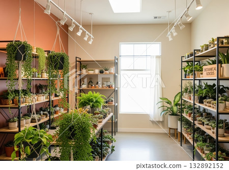 Stylish modern plant shop interior featuring shelves stocked with succulents and hanging greenery 132892152