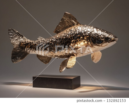 fish fillet sculpture forged from polished bronze, metallic texture, reflective studio lighting  132892153