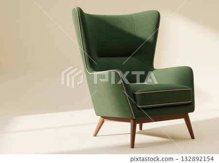 Contemporary green upholstered wingback armchair on tapered wooden legs 132892154