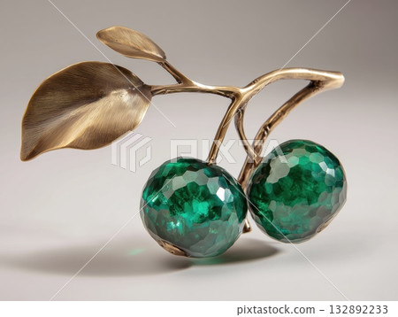 cherries sculpture forged from bronze, polished shiny surface, emerald green gemstone leaves, minimal clean backdrop cherries sculpture forged from bronze, polished shiny surface, emerald green gemstone leaves, minimal clean backdrop 132892233