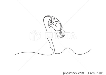 Single one line drawing woman diving athlete is executing flawless tuck position in mid-air, illustrating precision, control, and grace. Modern continuous line draw design graphic vector illustration Single one line drawing woman diving athlete is executing flawless tuck position in mid-air, illustrating precision, control, and grace. Modern continuous line draw design graphic vector illustration 132892405