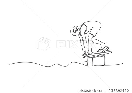 Continuous one line drawing beautiful woman swimming athlete poised on starting block in ready crouch, intense focus and anticipation before race. Single line draw design vector graphic illustration 132892410