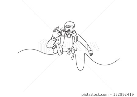 Continuous one line drawing attractive scuba diver is floating underwater with tank and mask, giving the OK sign to indicate safety and exploration. Single line draw design vector graphic illustration Continuous one line drawing attractive scuba diver is floating underwater with tank and mask, giving the OK sign to indicate safety and exploration. Single line draw design vector graphic illustration 132892419
