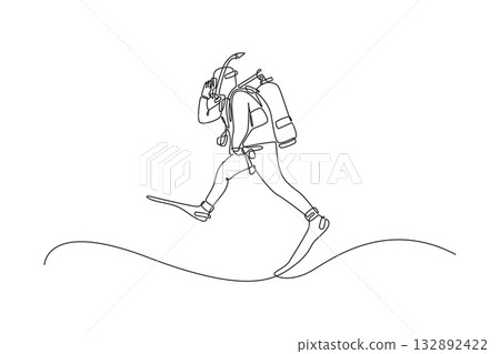 Single continuous line drawing scuba diver is wading through shallows, fully geared with tank and fins, readiness for underwater exploration. Dynamic one line draw graphic design vector illustration 132892422