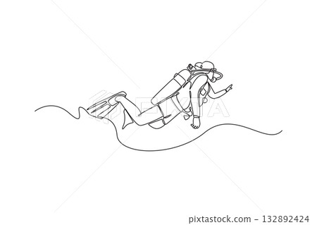 Single continuous line drawing scuba diver is floating underwater with a tank and fins, pointing the way for exploration, fluid motion and adventure. One line draw graphic design vector illustration Single continuous line drawing scuba diver is floating underwater with a tank and fins, pointing the way for exploration, fluid motion and adventure. One line draw graphic design vector illustration 132892424