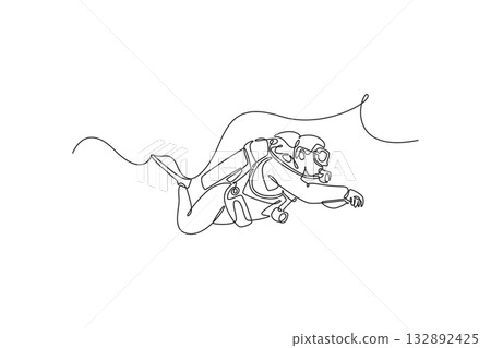 Single continuous line drawing scuba diver is floating underwater with a tank and fins, gliding in horizontal motion, fluid exploration and adventure. One line draw graphic design vector illustration 132892425