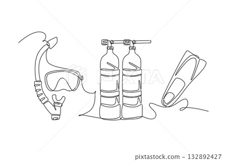 Single one line drawing collection of scuba diving gear: a mask, snorkel, twin tanks, and a fin, essential equipment for underwater exploration. Continuous line draw design graphic vector illustration Single one line drawing collection of scuba diving gear: a mask, snorkel, twin tanks, and a fin, essential equipment for underwater exploration. Continuous line draw design graphic vector illustration 132892427