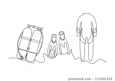 Single continuous line drawing collection of scuba diving gear: twin tanks, pair of fins, and wetsuit, essential equipment for underwater exploration. One line draw graphic design vector illustration 132892428