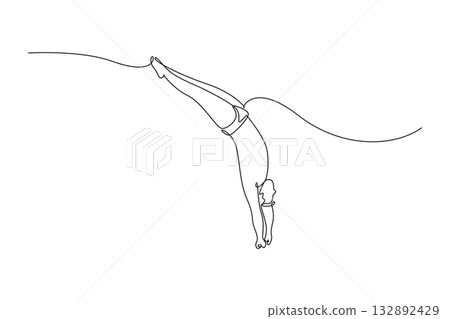 Single continuous line drawing man diving athlete is entering water headfirst in streamlined, vertical dive, illustrating precision and fluid motion. One line draw graphic design vector illustration 132892429