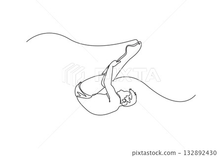 Single one line drawing man diving athlete executing flawless tuck position in somersault over the water, illustrating precision, fluid motion. Continuous line draw design graphic vector illustration Single one line drawing man diving athlete executing flawless tuck position in somersault over the water, illustrating precision, fluid motion. Continuous line draw design graphic vector illustration 132892430