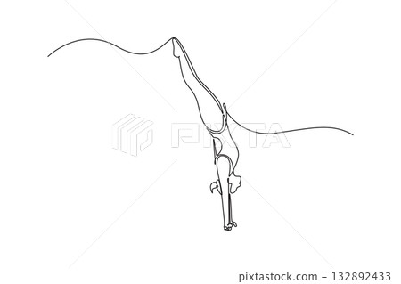 Single one line drawing woman diving athlete is entering the water headfirst in clean, vertical pike position, illustrating precision and grace. Continuous line draw design graphic vector illustration 132892433