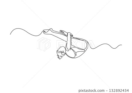 Single one line drawing woman diving athlete is tucking her body mid-flip over water surface, fluid and graceful motion of extreme sport. Modern continuous line draw design graphic vector illustration 132892434