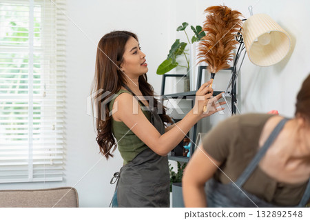 Cleaning housework with young woman dusting shelves at home 132892548