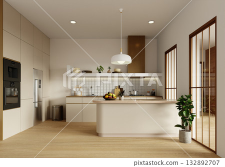 Sustainable kitchen concept with modern layout and natural materials. 3D render illustration Sustainable kitchen concept with modern layout and natural materials. 3D render illustration 132892707