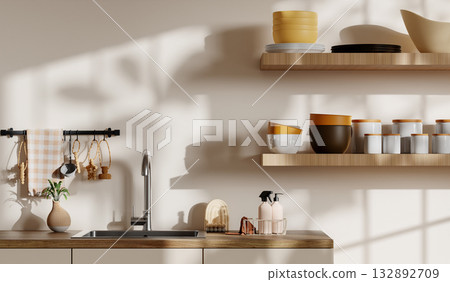 Sustainable kitchen design with modern elements and natural decor. 3D render illustration 132892709
