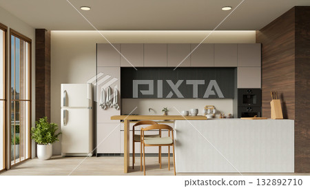 Sustainable kitchen space with elegant design and natural lighting. 3D render illustration 132892710
