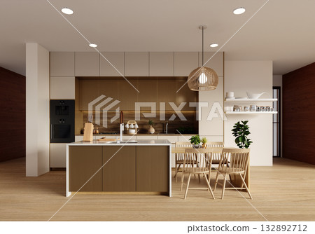 Sustainable kitchen design featuring elegant wood finishes. 3D render illustration Sustainable kitchen design featuring elegant wood finishes. 3D render illustration 132892712