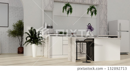 Sustainable kitchen space with modern furnishings and abundant greenery. 3D render illustration Sustainable kitchen space with modern furnishings and abundant greenery. 3D render illustration 132892713