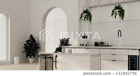 Sustainable modern kitchen design with plants and minimalist decor. 3D render illustration Sustainable modern kitchen design with plants and minimalist decor. 3D render illustration 132892736