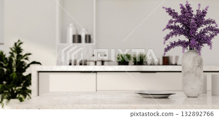 Sustainable kitchen decor featuring flowers and natural finishes. 3D render illustration 132892766