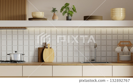 Sustainable kitchen with natural elements and modern design aesthetics. 3D render illustration 132892767
