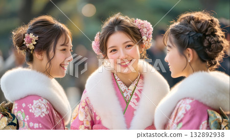 Three close female friends attending the Coming-of-Age Ceremony Three close female friends attending the Coming-of-Age Ceremony 132892938