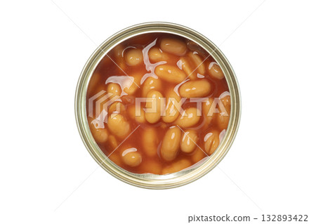 Top view of canned baked beans in tomato sauce isolated on white background Top view of canned baked beans in tomato sauce isolated on white background 132893422