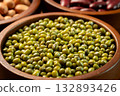 Raw mung bean in wooden bowl. Close-up 132893426