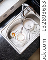 Dirty dishes with soapy water and foam in kitchen sink. 132893663